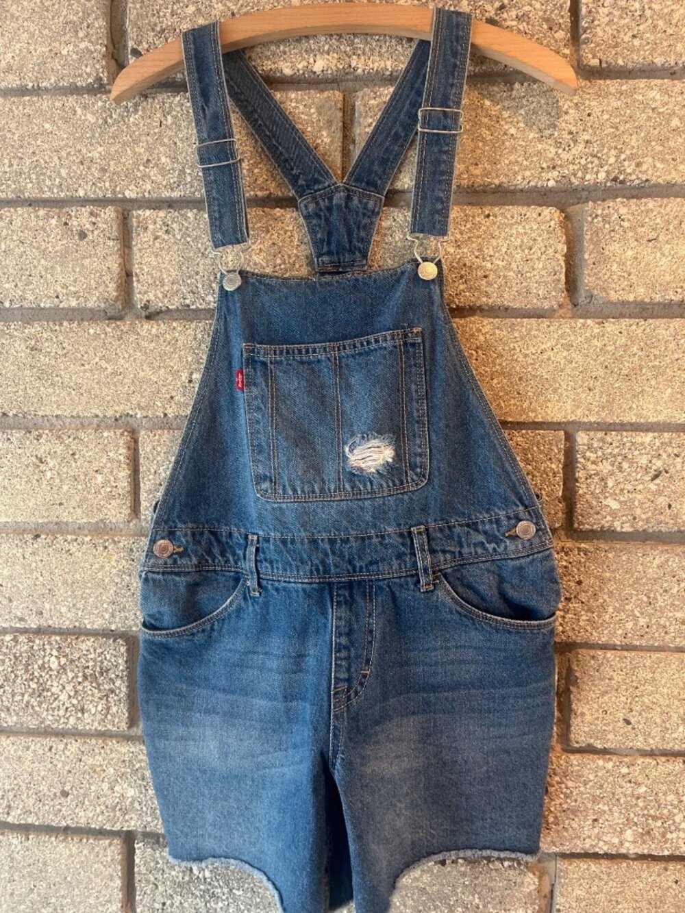 Vintage Levis Denim Short Overalls With Distressed Details Adjustable Straps & F